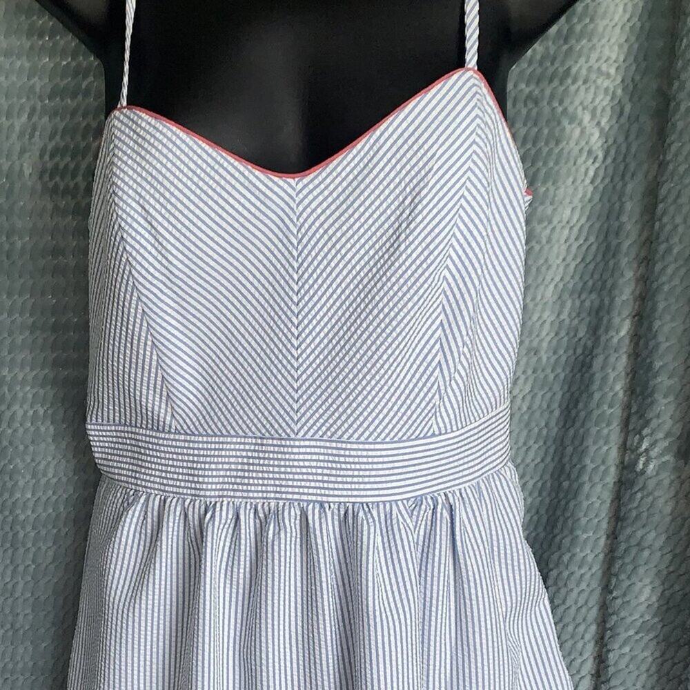 R&K White and Navy Seersucker Strapless Dress with Pink Trim